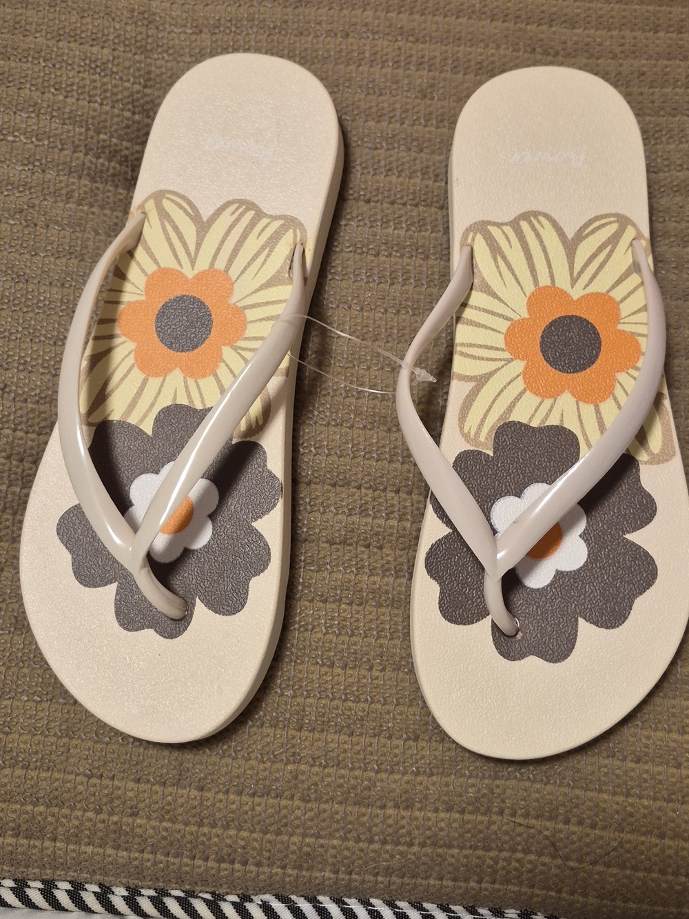 Beige Floral Flip Flops with Orange & Brown Flower Design